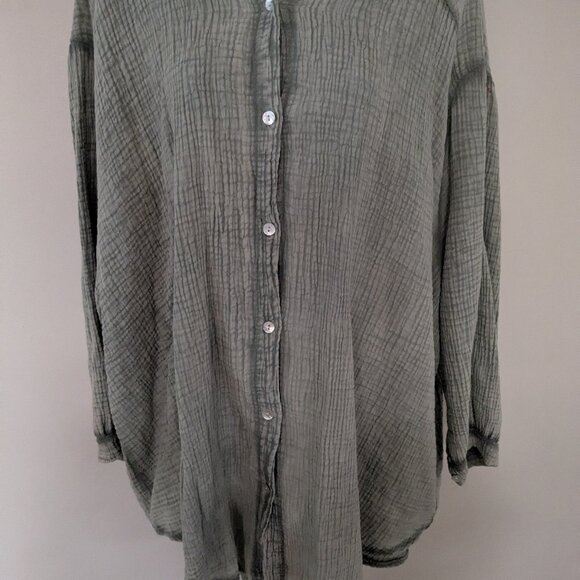 Cobblestone Living Green Cotton Button Down Women's Summer Top  Waffle Weave - Picture 3 of 3